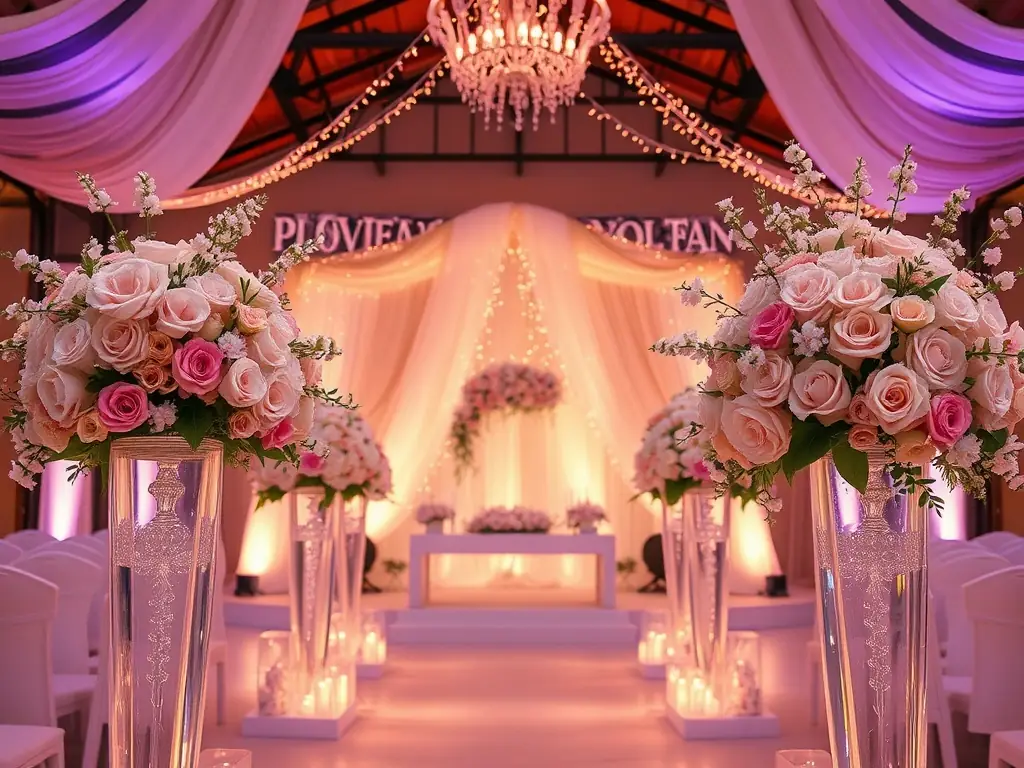 A beautifully decorated wedding venue with elegant floral arrangements and sophisticated lighting, showcasing Wedding Inspirations' wedding planning service.