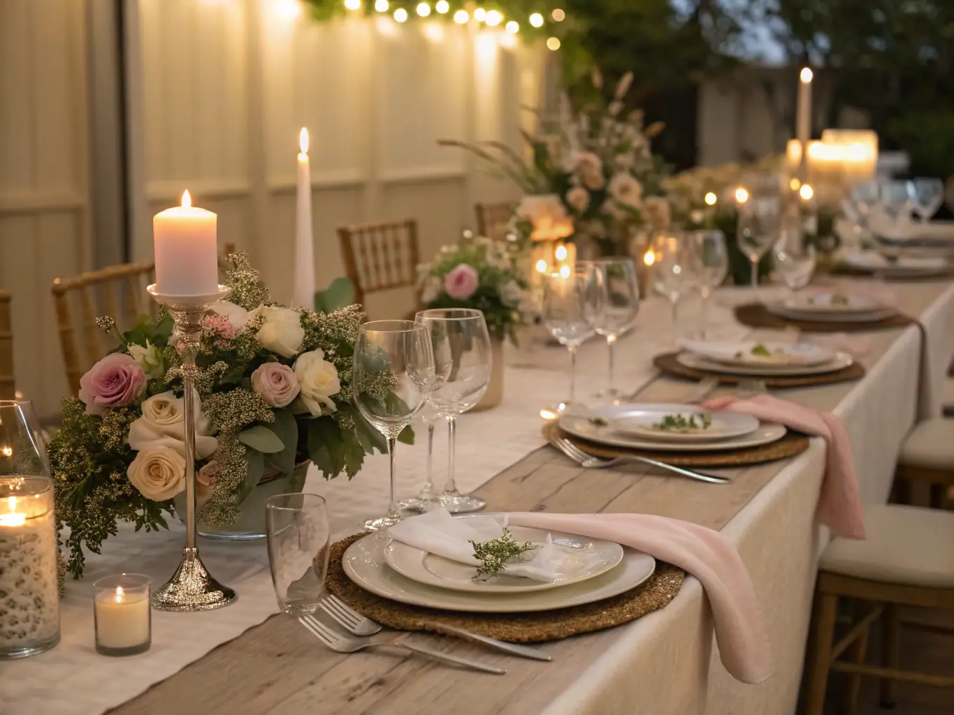 A close-up of a beautifully decorated wedding table with gold accents, white linens, and elegant floral centerpieces.