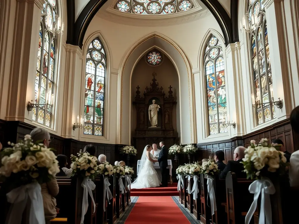 A bride and groom exchanging vows in a beautifully decorated church, with soft, romantic lighting and elegant floral arrangements.
