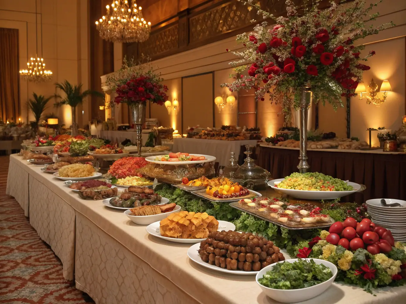 A reception table decorated with gold accents, white linens, and floral centerpieces, exemplifying Wedding Inspirations' decoration service.