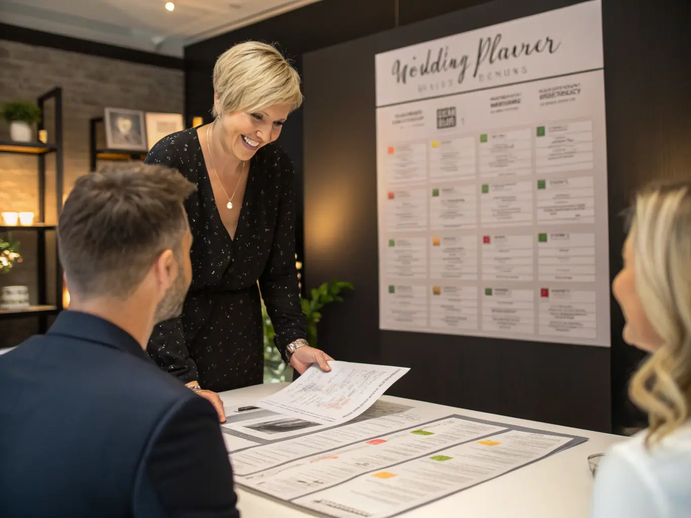 A wedding coordinator discreetly managing the timeline and vendors at a wedding reception, ensuring everything runs smoothly.